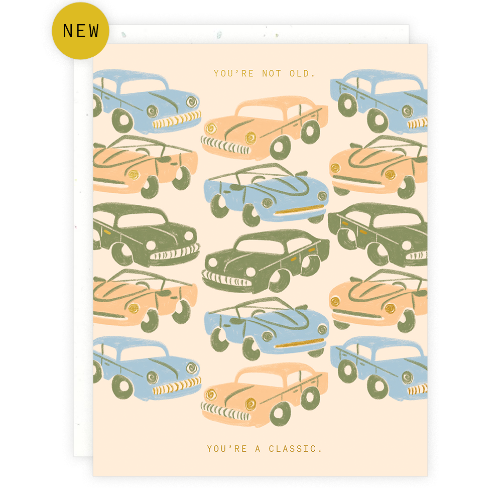 Card with vintage car illustrations and humorous text on a beige background