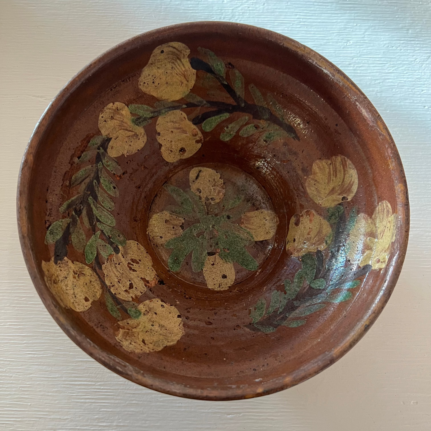 Antique French Redware Bowl | Yellow Floral