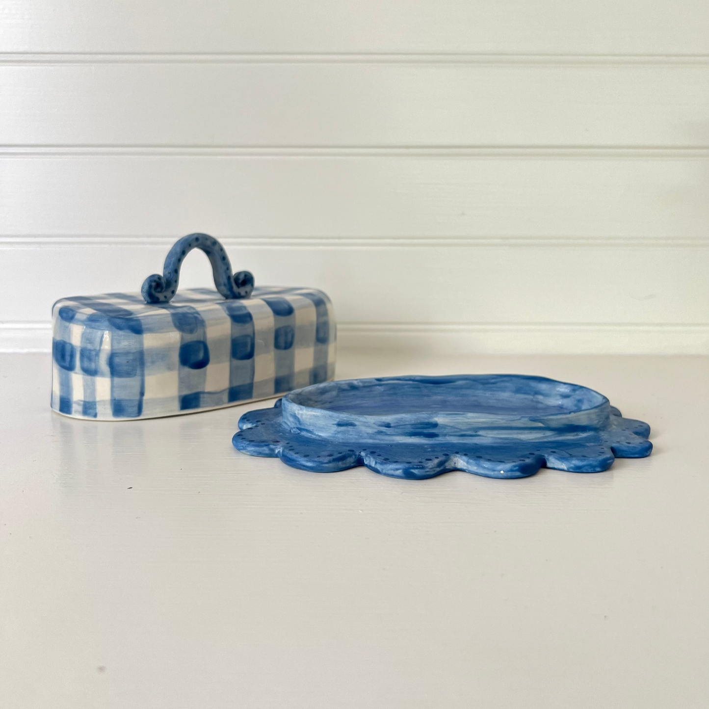 Hand Painted Butter Dish | Blue Gingham