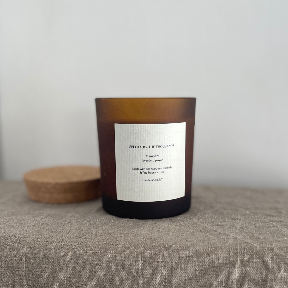 Campfire, Pinyon + Lavender Handcrafted Scented Soy Candle: Frosted amber