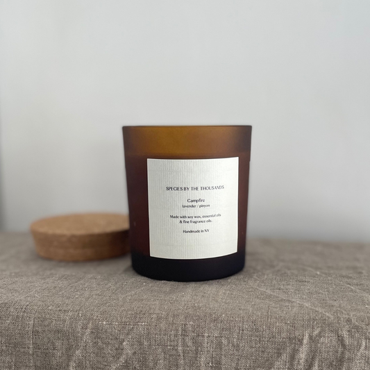 Campfire, Pinyon + Lavender Handcrafted Scented Soy Candle: Frosted amber