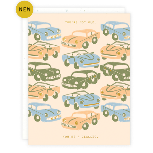 Card with vintage car illustrations and humorous text on a beige background