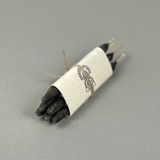 Roll of incense with a white label on a gray background