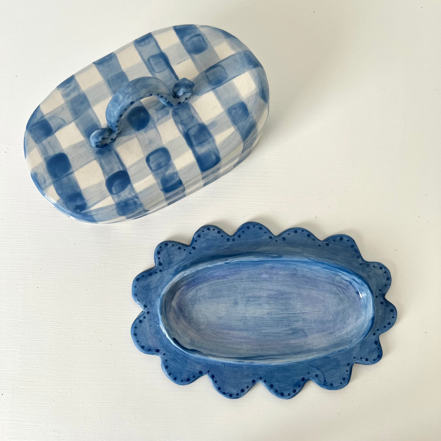 Hand Painted Butter Dish | Blue Gingham