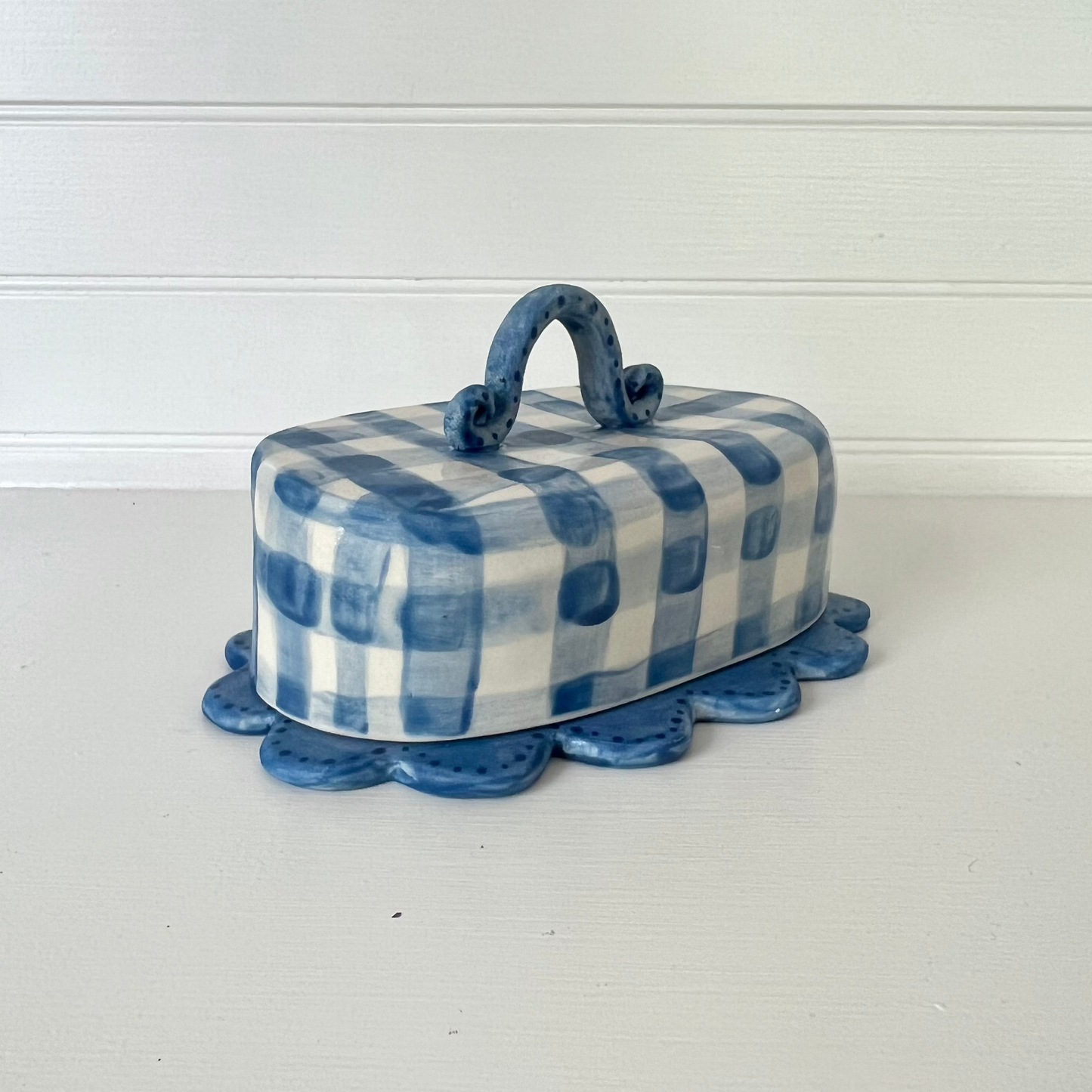 Hand Painted Butter Dish | Blue Gingham