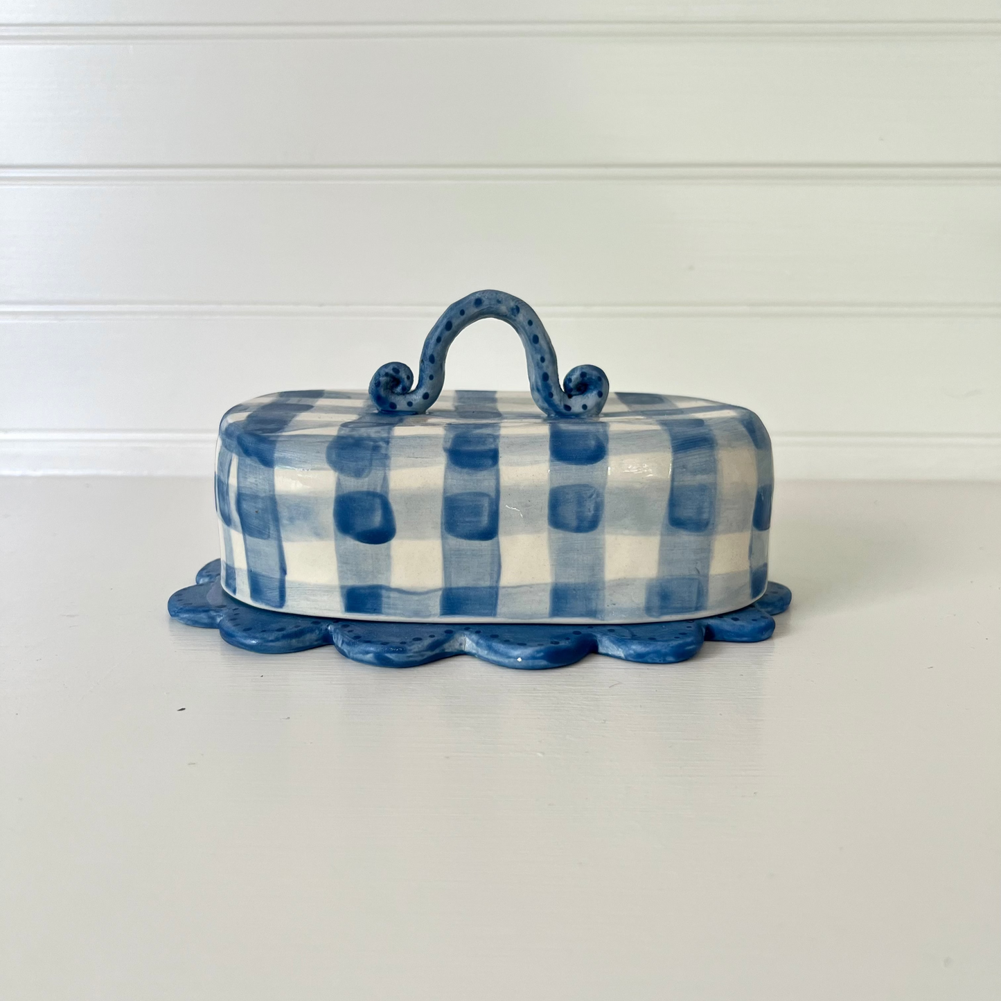 Hand Painted Butter Dish | Blue Gingham