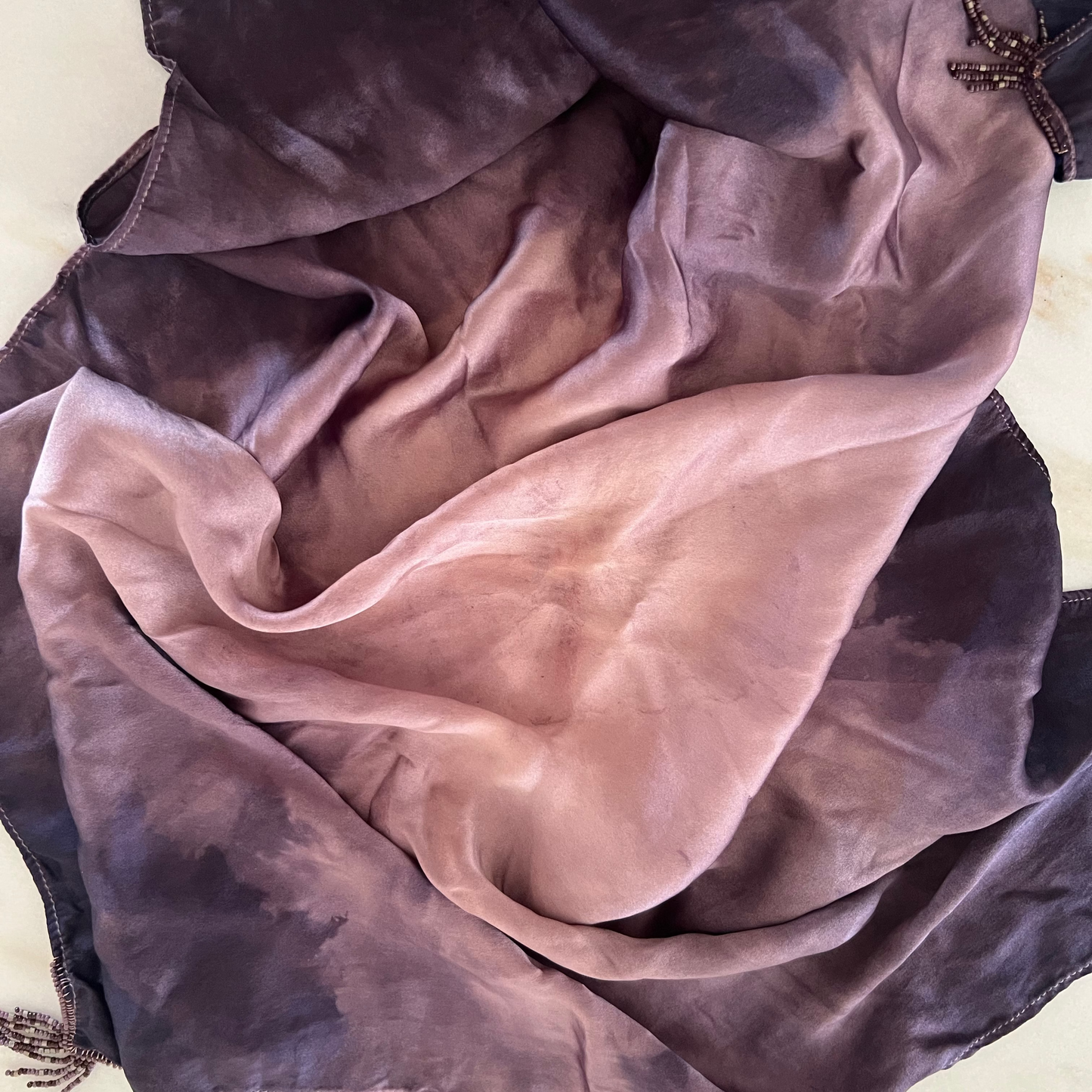 Hand Dyed Silk Scarf with Beaded Embroidery | Plum