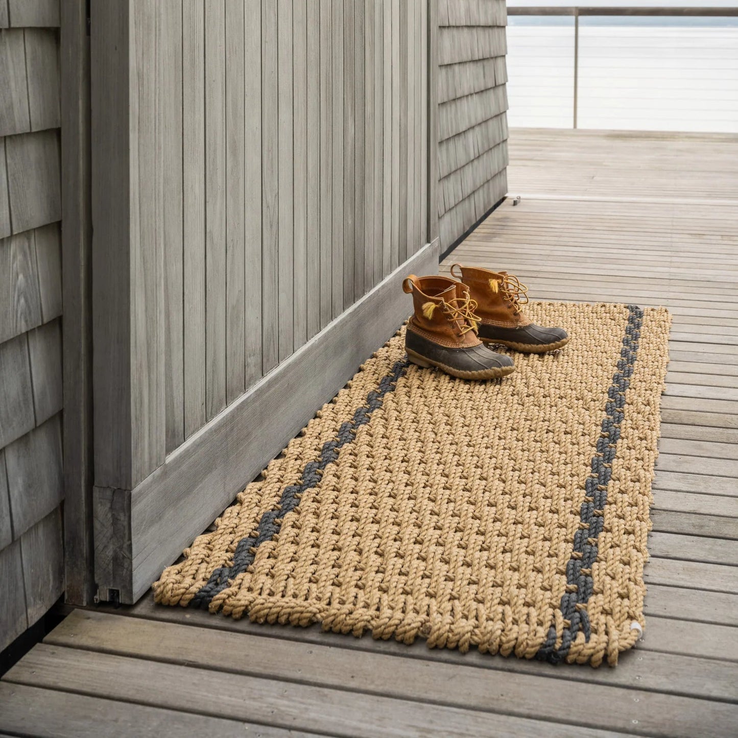 Woven Rope Door Mat | Wheat with Charcoal Stripes